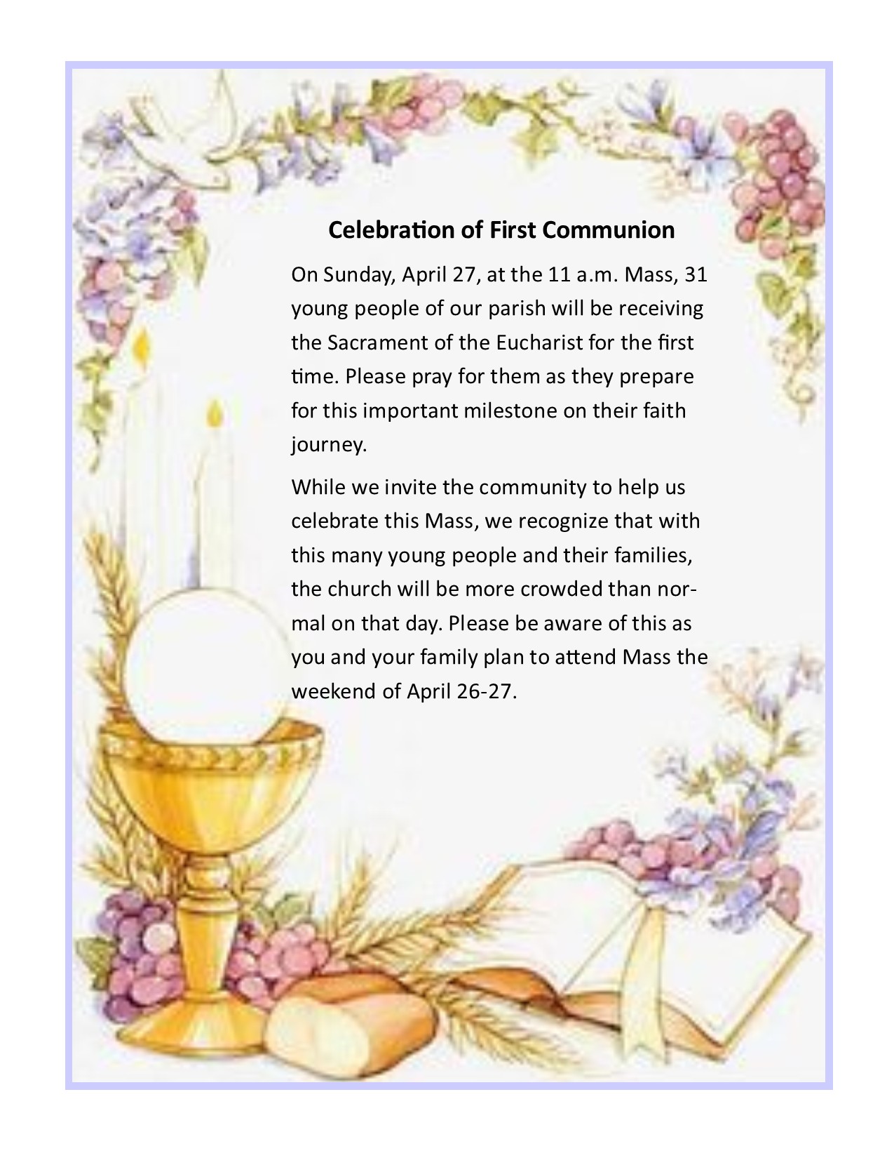 FIRST COMMUNION AT 11:00 MASS ON SUNDAY, APRIL 27 > Holy Spirit ...
